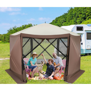 Costway 11.5 X 11.5 Ft Pop-up Gazebo Tent with Mesh Netting Walls 2 Removable Privacy Wind Cloths - Brown