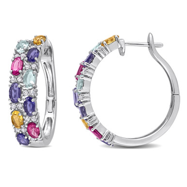 Multi-Gemstone Hoop Earrings in Sterling Silver