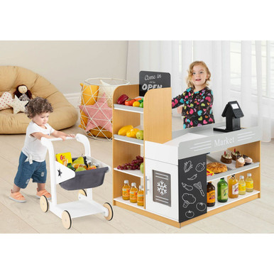 Kids' Pretend Play Grocery Store Set with Shopping Cart & 2 Chalkboards