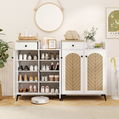 2-Door Shoe Rack Organizer with Drawer and 6 Removable Shelves