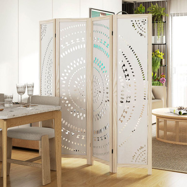66-Inch Boho 4-Panel Room Divider Privacy Screen with Carved Pattern