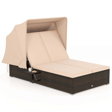 2-Person Rattan Lounge Bed with Retractable Canopy