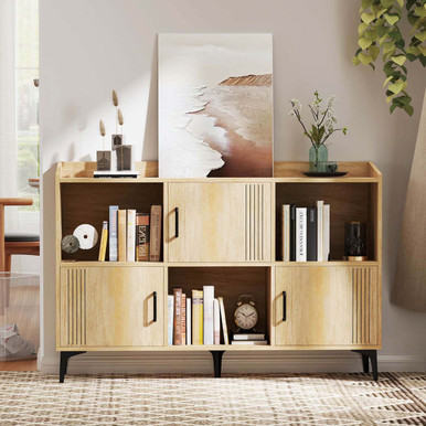 Sideboard Storage Cabinet Bookcase with 3 Doors and Open Compartments