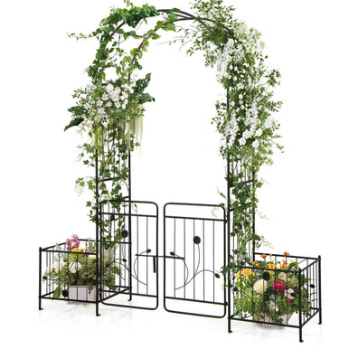87" Garden Arbor Arched Lockable Gate Top Arbor Trellis with Side Planters - Black