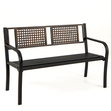50" Outdoor Metal Park Bench with Rattan-Like Backrest & Curved Armrests