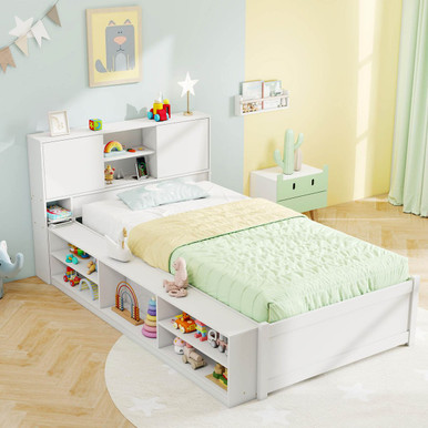 Twin-Size Bed Frame with Roll-Out Trundle and Storage