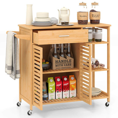 35.5" Bamboo Kitchen Island Cart with Lockable Wheels