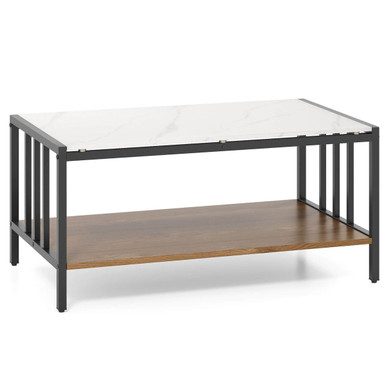 2-Tier Rectangular Coffee Table with Rock Slab Tabletop