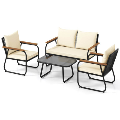 Patio Furniture Set with Tempered Glass Tabletop and Removable Cushions - 4-Piece