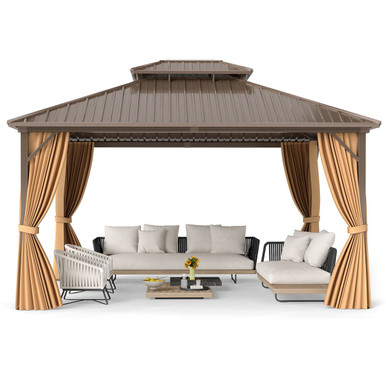 14 x 12-foot Hardtop Gazebo with Curtains and Overhang Eave Design