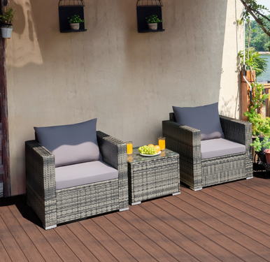 Gray Rattan 3-Piece Cushioned Patio Set