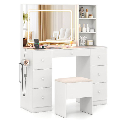Vanity Desk with Built-in Charging Station and 3 Lighting Modes