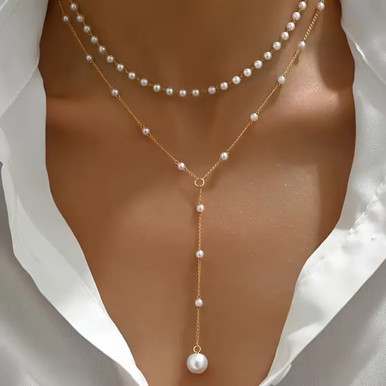 Women‘s Vintage Layered Choker Pearl Lariat Necklace