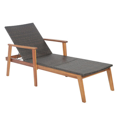 Costway Patio Rattan Chaise Lounge Chair Recliner Back Adjustable Acacia Wood Garden - Brown