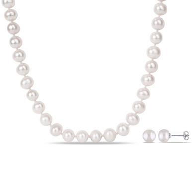 2-Piece Set 8-10mm Cultured Freshwater Pearl Strand Necklace and Stud Earrings-image-SKU10526546