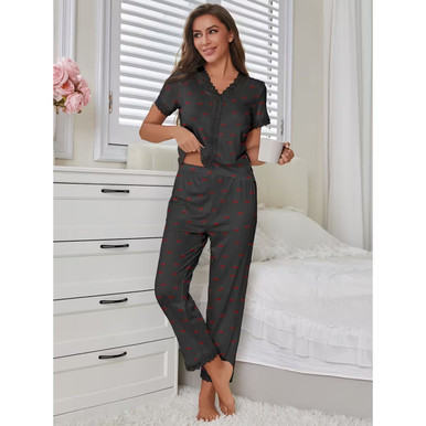 Women’s Cherry Print Ribbed Lace Pajama Set