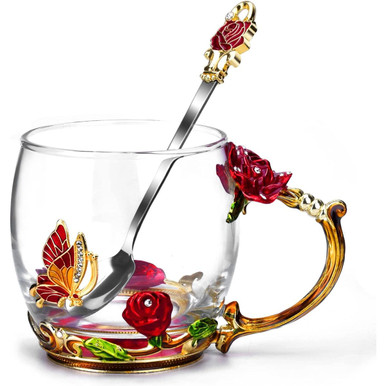 3D Enamel Rose Glass Cup with Exquisite Handle And Spoon