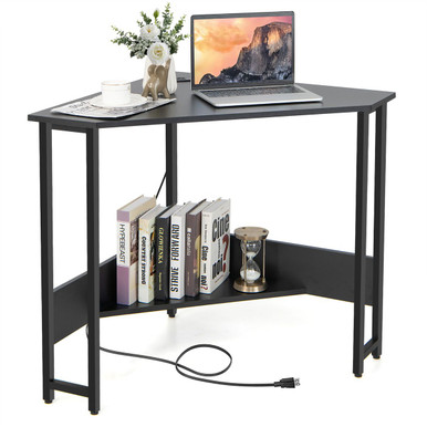 Triangle Computer Desk Corner Desk Home Office w/Power Outlets Usb Ports - Brown