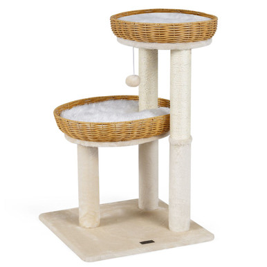 Costway Cat Tree, 30-Inch Cat Tower with 2 Rattan Cat Baskets, Sisal Scratching Post - Beige/khaki