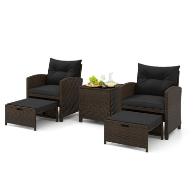 5-Piece Patio Rattan Furniture Set with 2 Ottomans and Tempered Glass  - Patio Rattan- Black