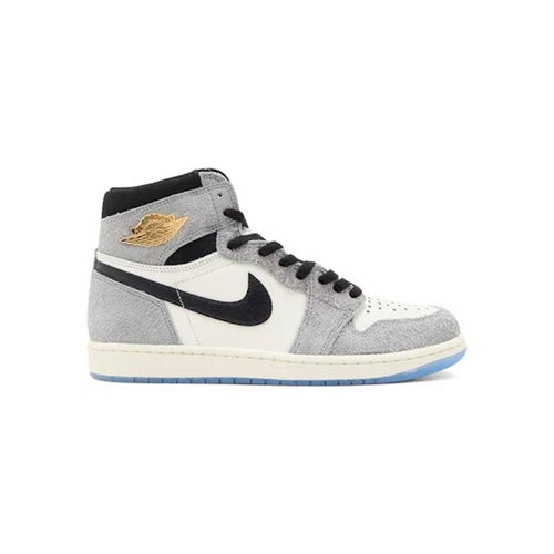 Lateral side view of the Air Jordan 1 OG Cool Grey All-Star featuring a white leather base, cool grey suede overlays, black Nike Swoosh, and high-top silhouette.