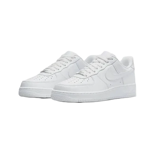 Angled view of a pair of Nike Air Force 1 Low ‘Triple White’ sneakers featuring an all-white leather upper and durable rubber outsole.