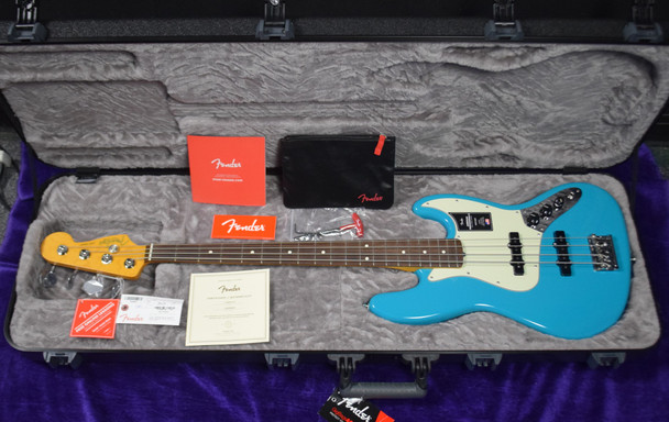 Fender AM Pro II Jazz (4), Miami Blue / Rosewood 4 String Bass At Bass Central