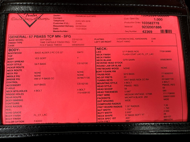 Fender Custom Shop 1957 NOS Time Capsule Closet Classic Build Sheet