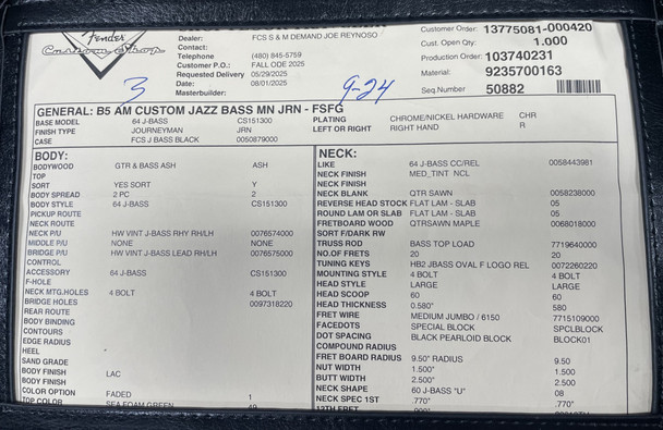 Fender Custom Shop 1964 Journeyman Jazz Bass Faded Seafoam Green Bass Build Sheet
