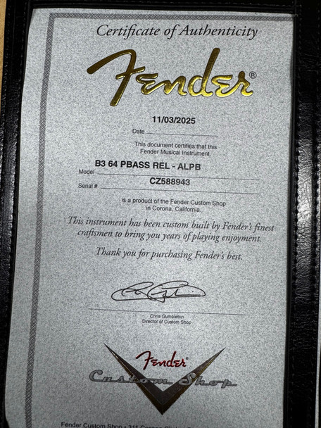 Fender Custom Shop Time Machine Relic 1964  P Bass, LPB/Rosewood  4 String Bass At Bass Central