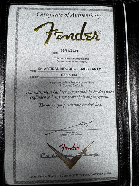 Fender Custom Shop NOS Artisan J Bass, Flame Maple Burl/Rosewood COA