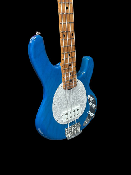 Ernie Ball StingRay 4 H SHORT SCALE, Trans Blue/ Roasted Maple  4 String Short scale bass At Bass Central