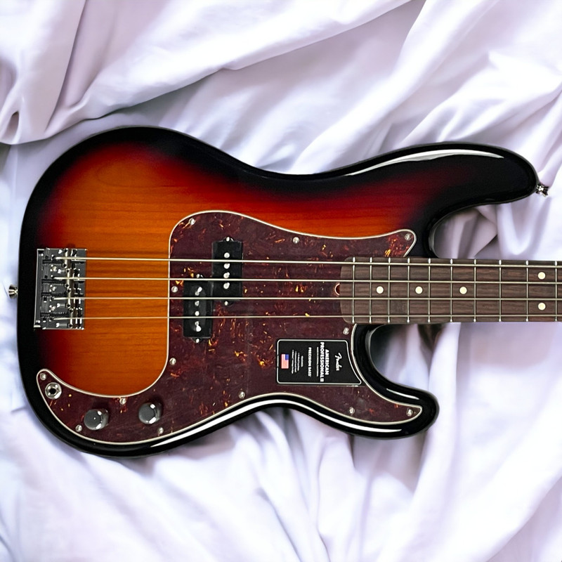Fender AM Pro II Precision, 3-Tone Sunburst w/ Rosewood 4 String Bass At Bass Central Fender AM Pro II Precision, 3-Tone Sunburst w/ Rosewood 4 String Bass At Bass Central
