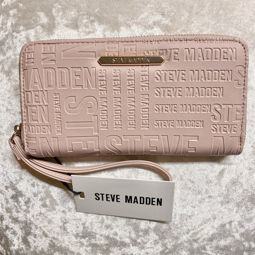 Steve Madden Large Zip Around Wallet Embossed Logo Wristlet Blush Pink