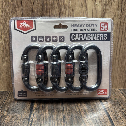 High Sierra 5pk Carbon Steel O-Shape Locking Carabiners 25kN 5620lbs New