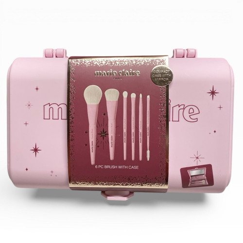 Marie Claire Paris 6pc Makeup Brush Set w/ Pink Case & Mirror – New