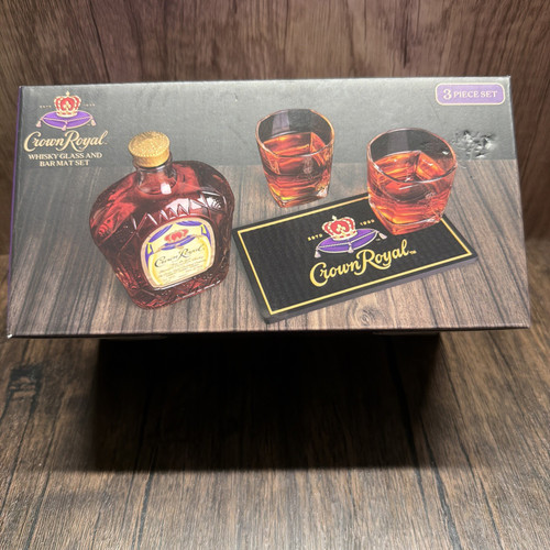 Crown Royal Whisky Glass & Bar Mat Set 3-Piece | 2 Glasses + Mat | Box Dents