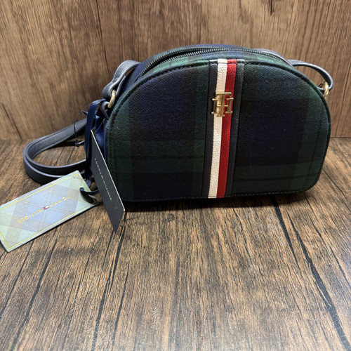 Tommy Hilfiger Plaid Crossbody Bag Small Camera Purse Green Stripe NWT