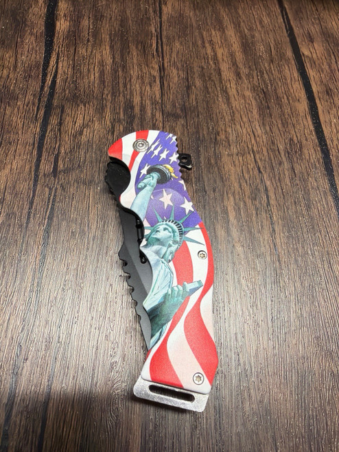 8½” Statue of Liberty & American Flag Pocket Knife USA Patriots Collection Tanto