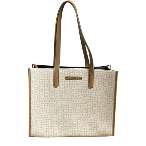 Tommy Hilfiger Monogram Tote Bag Cream Tan Large Shoulder Shopper Purse NWT