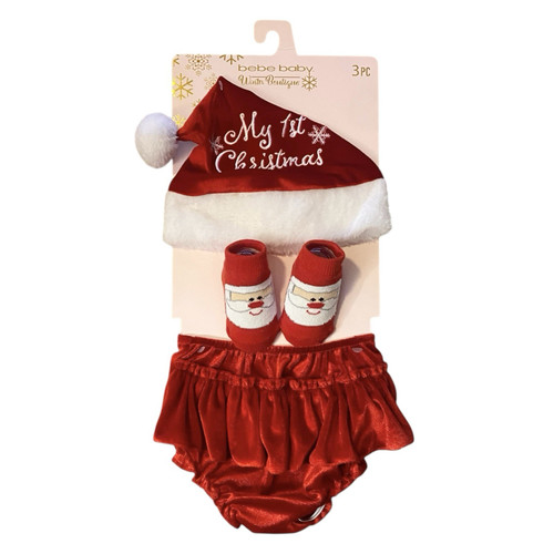 Bebe Baby My 1st Christmas Outfit 3pc Santa Hat Booties Red Velvet Bloomer