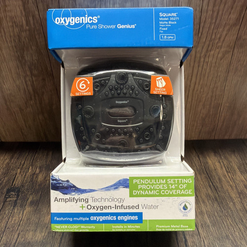 Oxygenics Square Shower Head Matte Black 6 Settings Fixed 1.8 GPM High Pressure