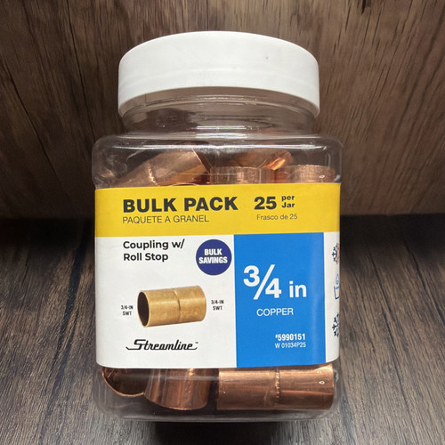 Streamline 3/4" Copper Coupling w/ Roll Stop Bulk Pack 25 3/4 in SWT Plumbing