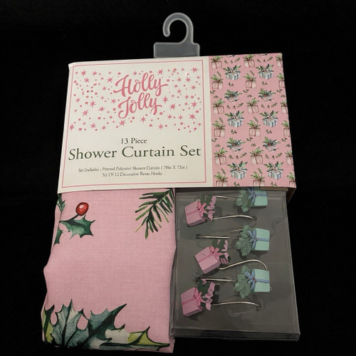 Holly Jolly Pink Christmas Shower Curtain Set 13 Pc Fabric + Gift Hooks