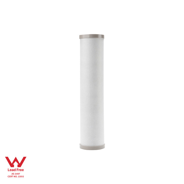 Silver-impregnated carbon water filter standing upright