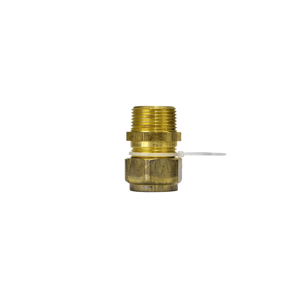 Front view of a single brass copper compression union