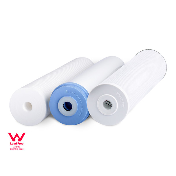 Three filters in Mains Scale and PFAS pack shown on an angle