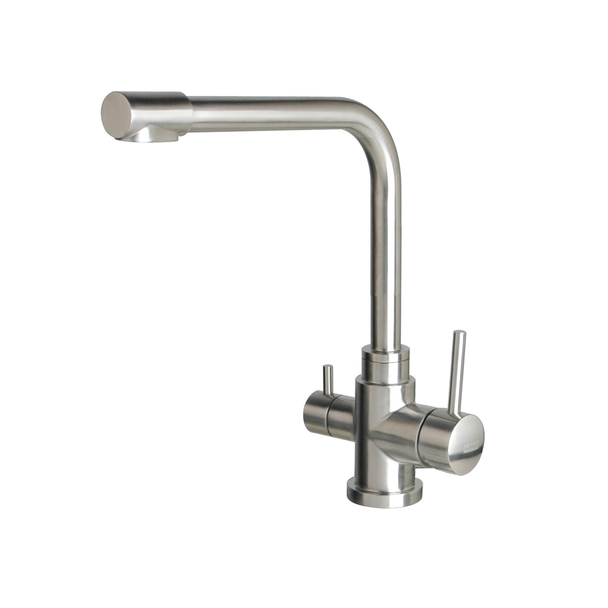 A square necked / L-shaped 3-way mixer tap with a brushed nickel finish