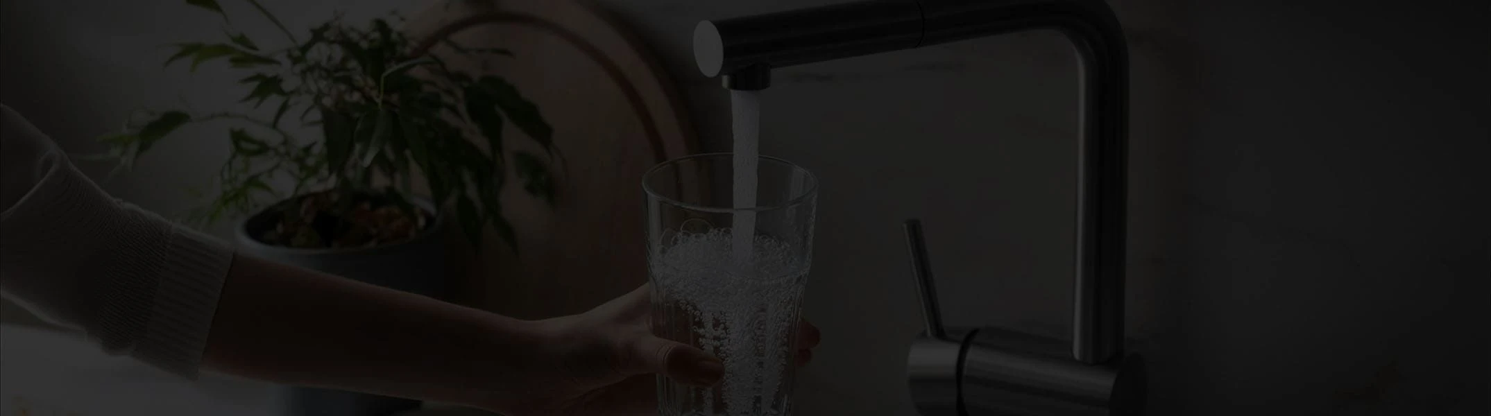 A person filling up a glass of water using a filtered tap