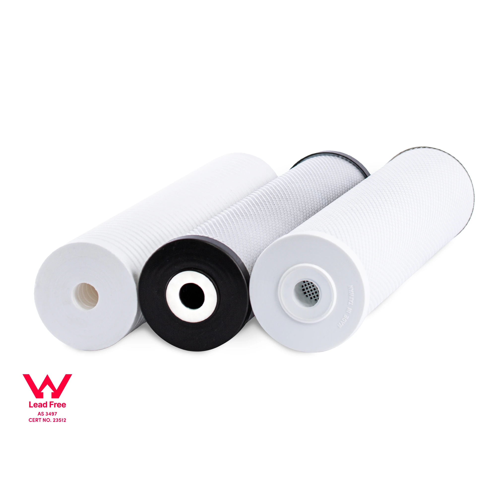 Three filters in the Mains Carbon Pack shown at an angle